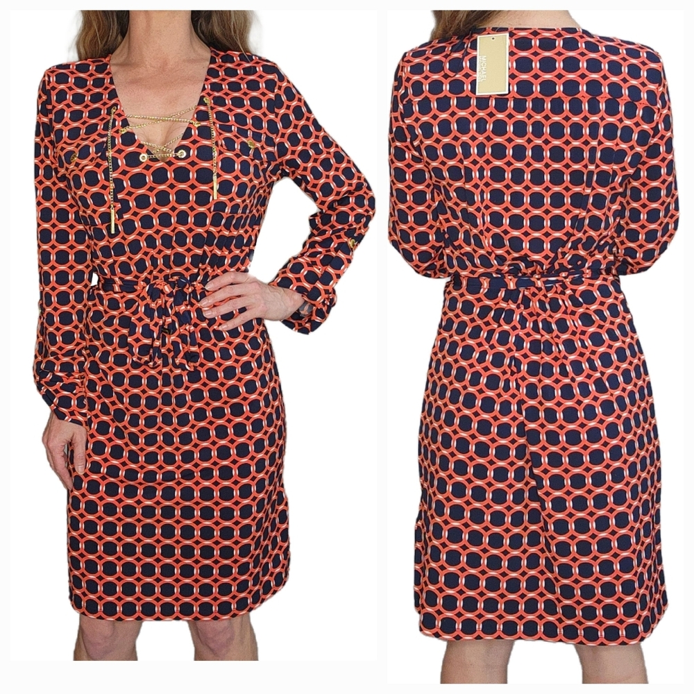NWT Michael Kors Navy and Red Knee Length Dress w Gold chain Size M